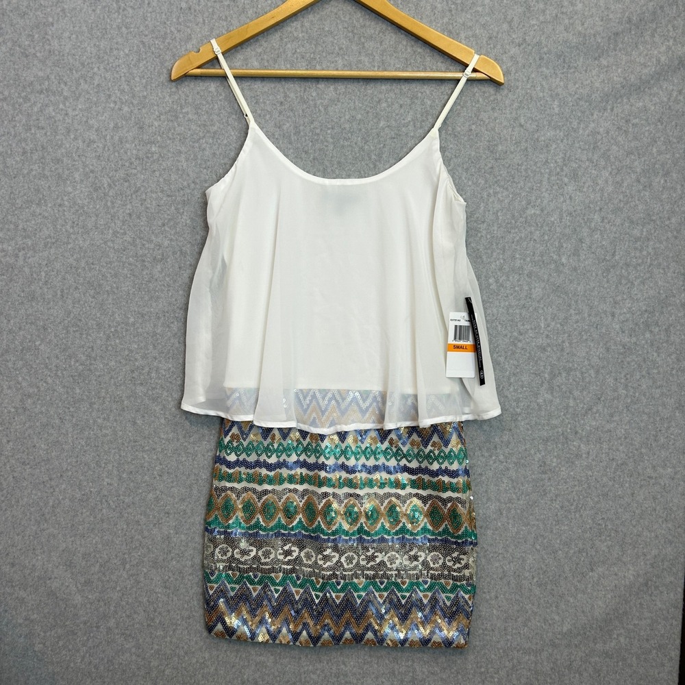 As U Wish Popover Sequin Dress White Multi Geometric Y2K Festival Size Small NWT